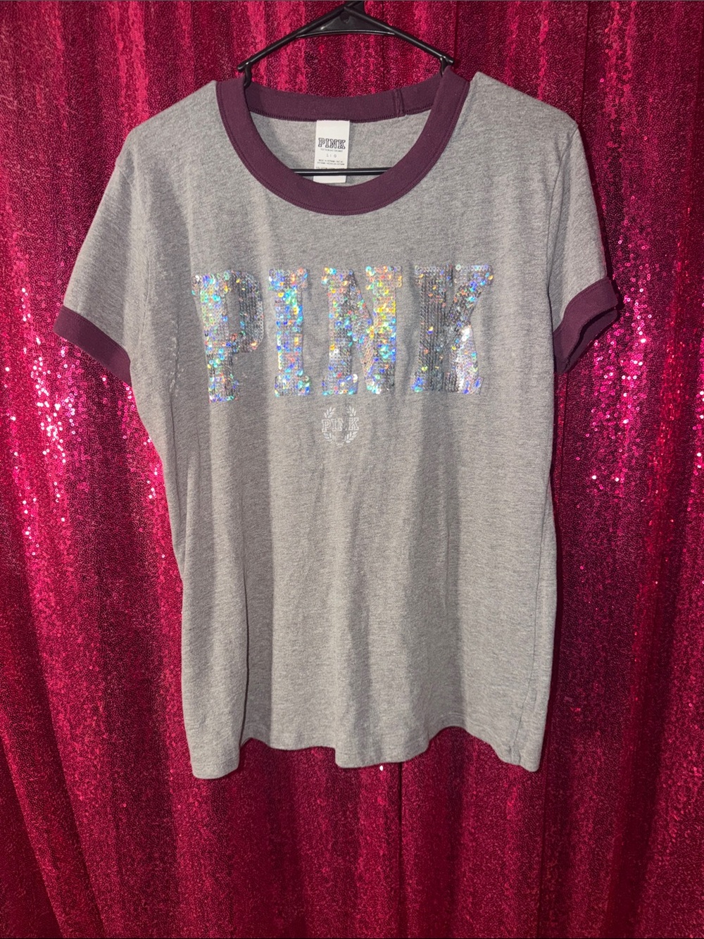 PINK Victoria's Secret Gray Ringer Tee with Holographic Sequin Logo